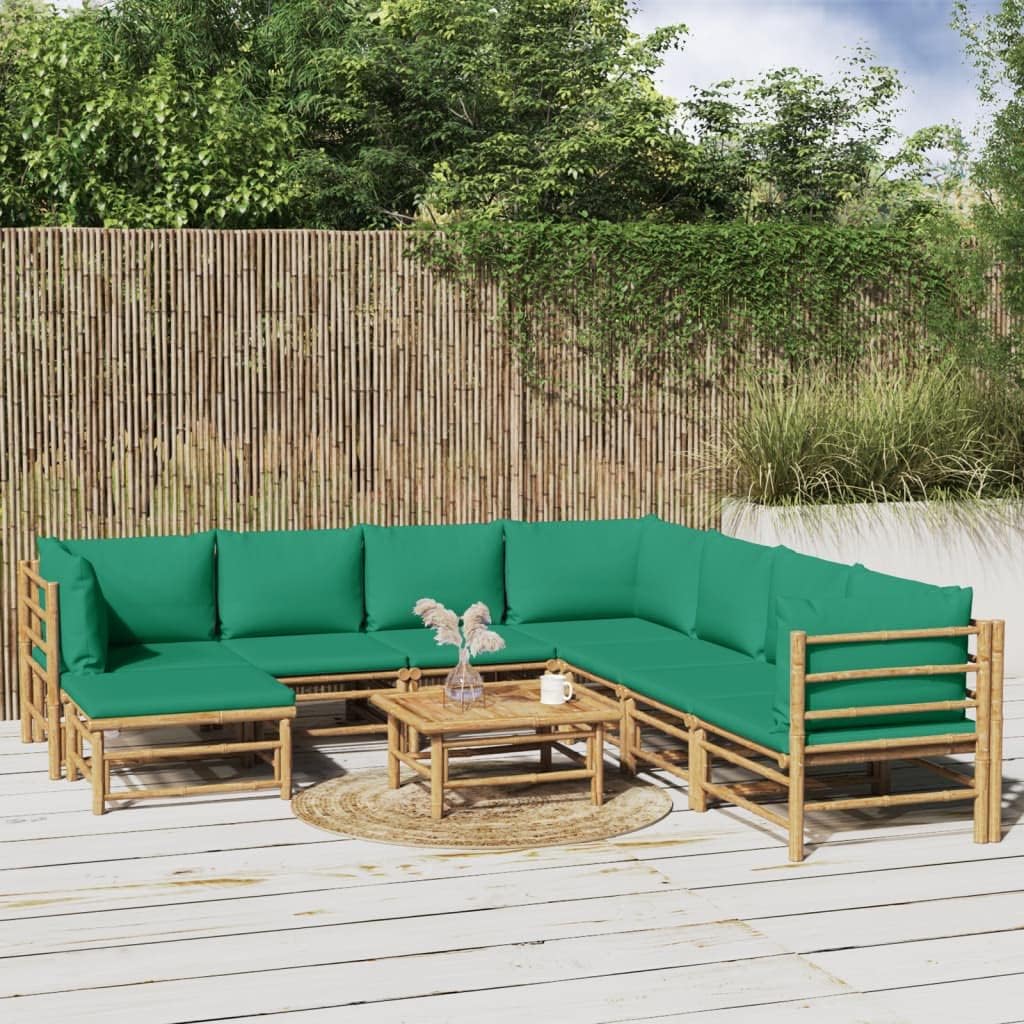 Garden Lounge Set Green Bamboo, Fabric 9 Piece, Weather Resistant Outdoor Patio Furniture, Modular Seating for 9 People, Oiled Finish