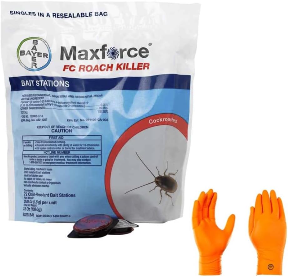 Maxforce FC Roach Bait Stations 72 Count | Premium USA Supply Gloves for Safe Eradication | USA Supply Pest ID Card