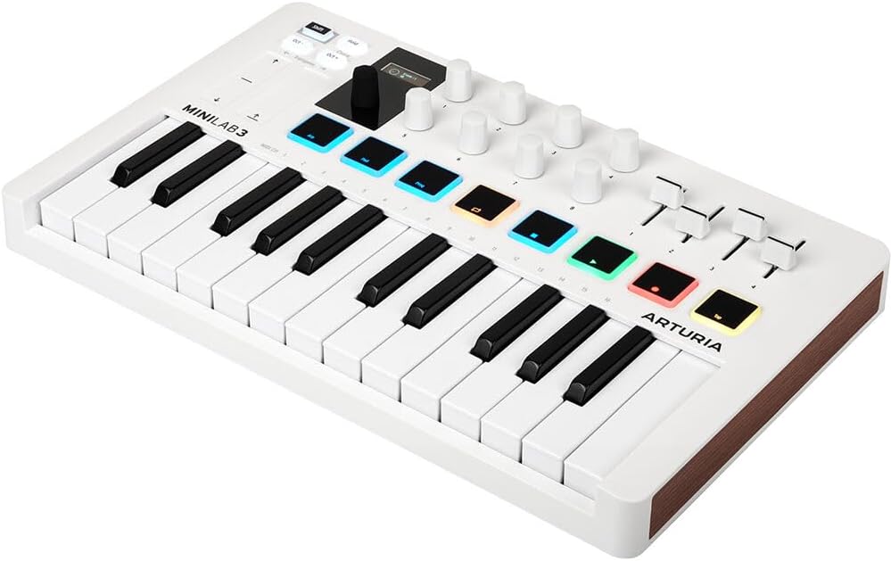Arturia MiniLab 3 Compact MIDI Keyboard and Pad Controller | White Bundle with 6ft MIDI Cable + Microfiber Cleaning Cloth (3 Item)
