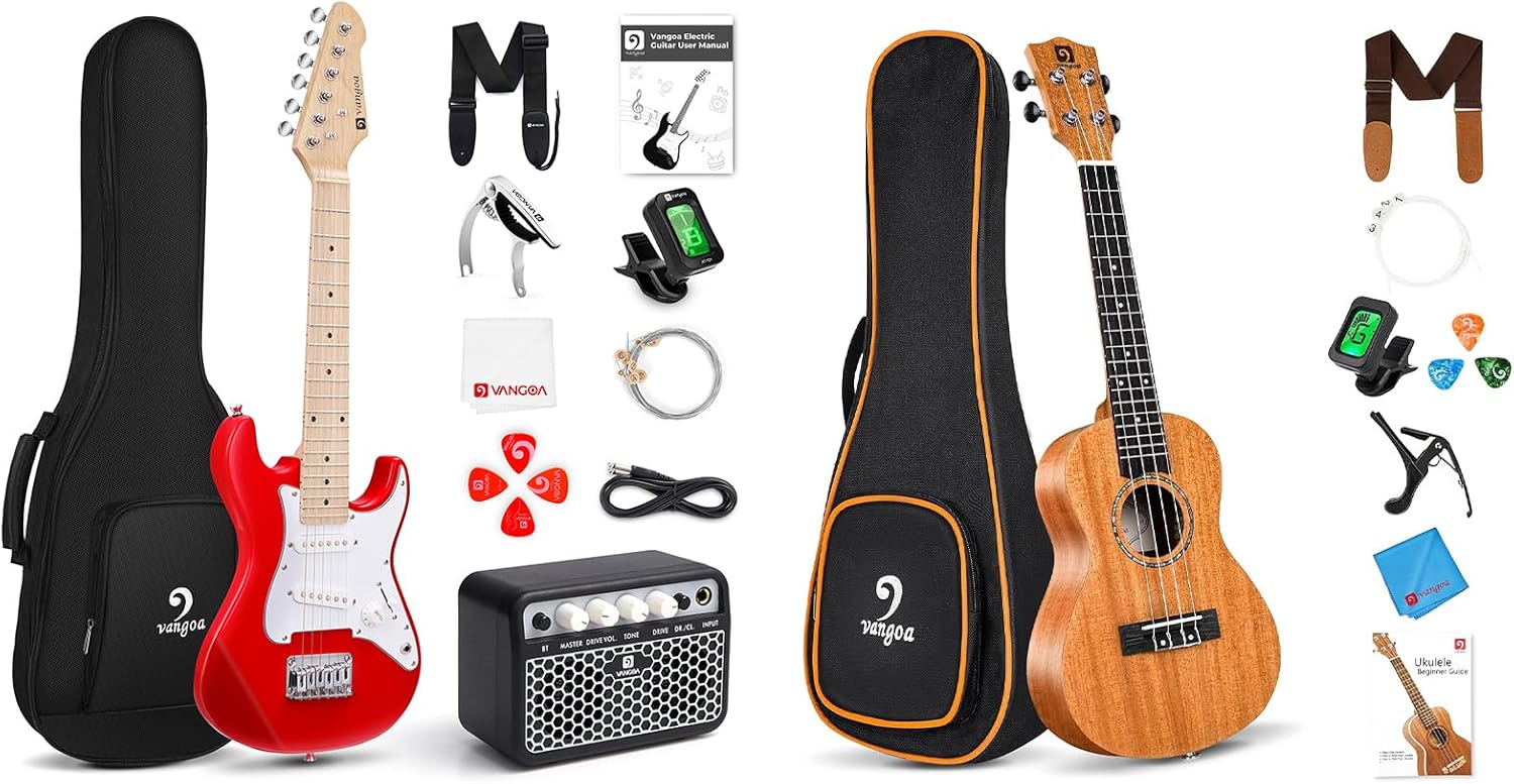 Kids Electric Guitar Vangoa 30 Inch Electric Guitar for Kids Beginner Kit and Vangoa Concert Ukulele for Beginners 23 Inch Mahogany Ukulele Kit for Kids