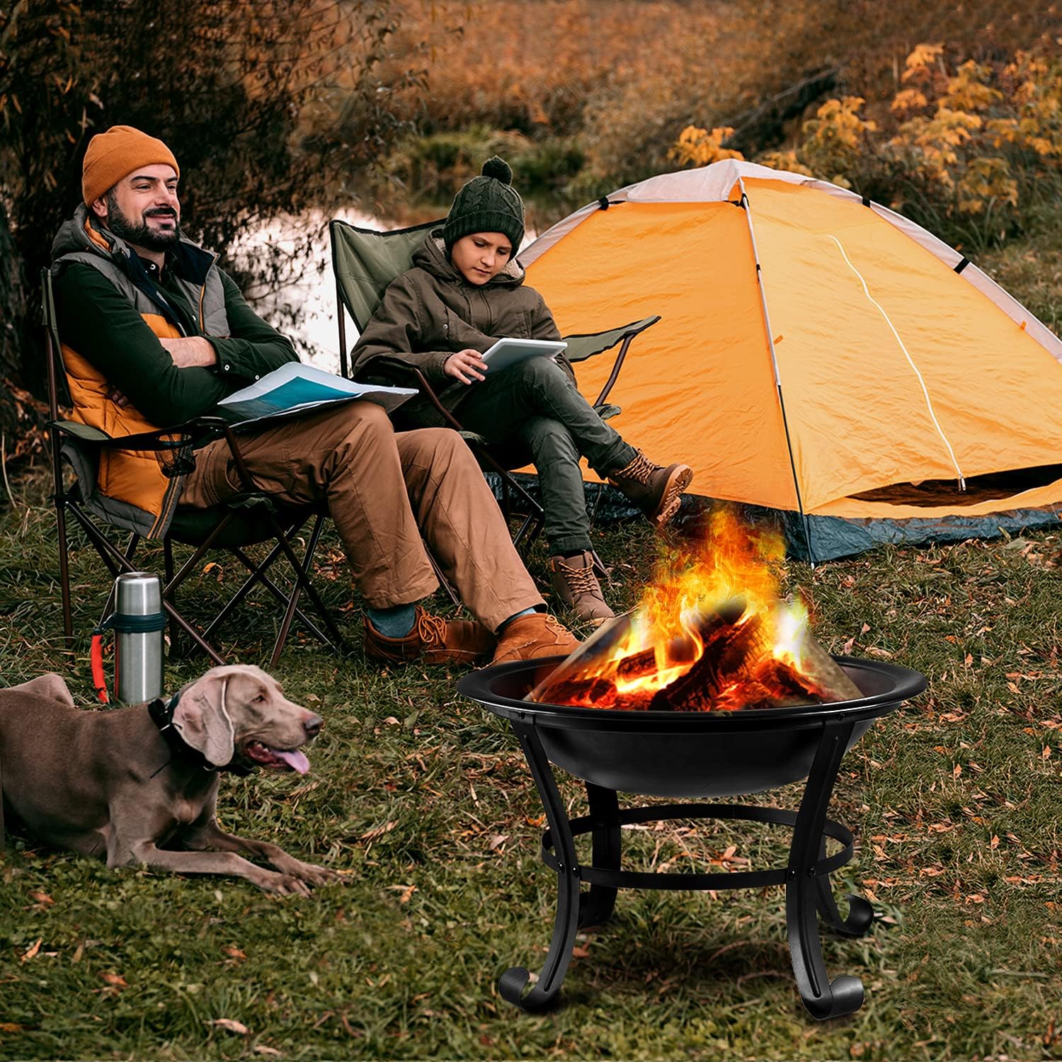 Outdoor Fire Pits, 22'' Portable Bonfire FirePits for Outside Wood Burning with Spark Screen and Fireplace Poker for Backyard Garden Patio Bonfire Heating, Camping and BBQ, Black