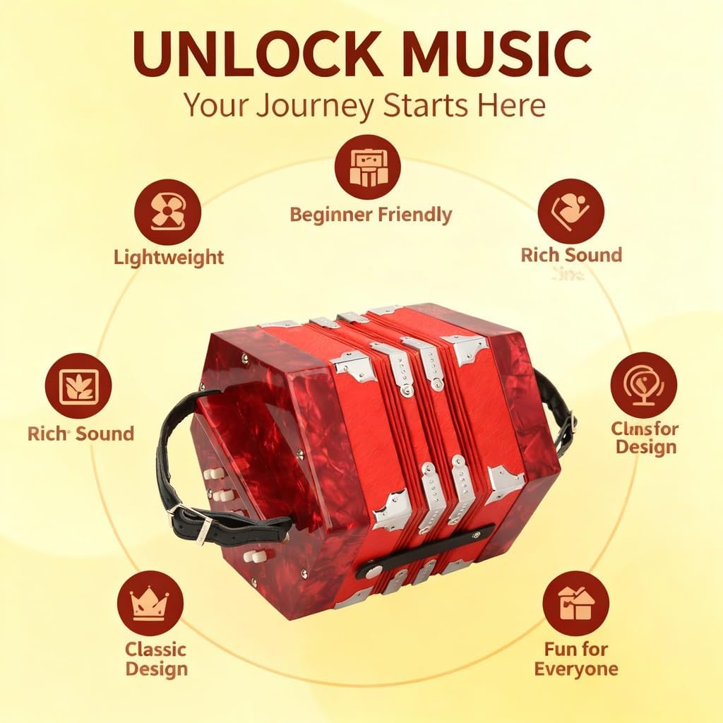Concertina Accordion, Portable 17 Key Wooden Instrument, Adjustable Strap for Adults and Beginners - Elegant Design, Lightweight with Carry Bag, for Music (Red)