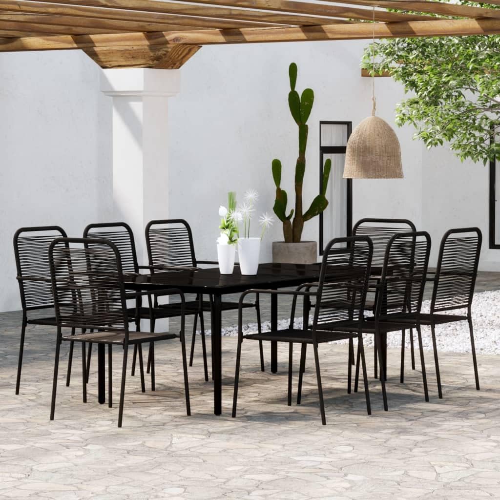 9 Piece Patio Dining Set Black,Modern Dining Table Set with Glass Top and Cotton Rope Chairs for Garden, Patio, or Kitchen Patio Furniture Sets, Outdoor Furniture Sets