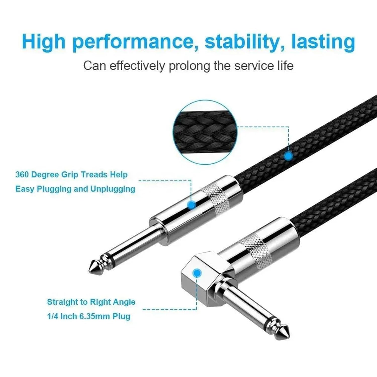 Pro Audio Cable 10m /5m /300cm /2m /1m Aux Cable for Electric Guitar Bass Instrument Amplifier Cord 1/4 Right Angle Straight(Right Angle,10m)