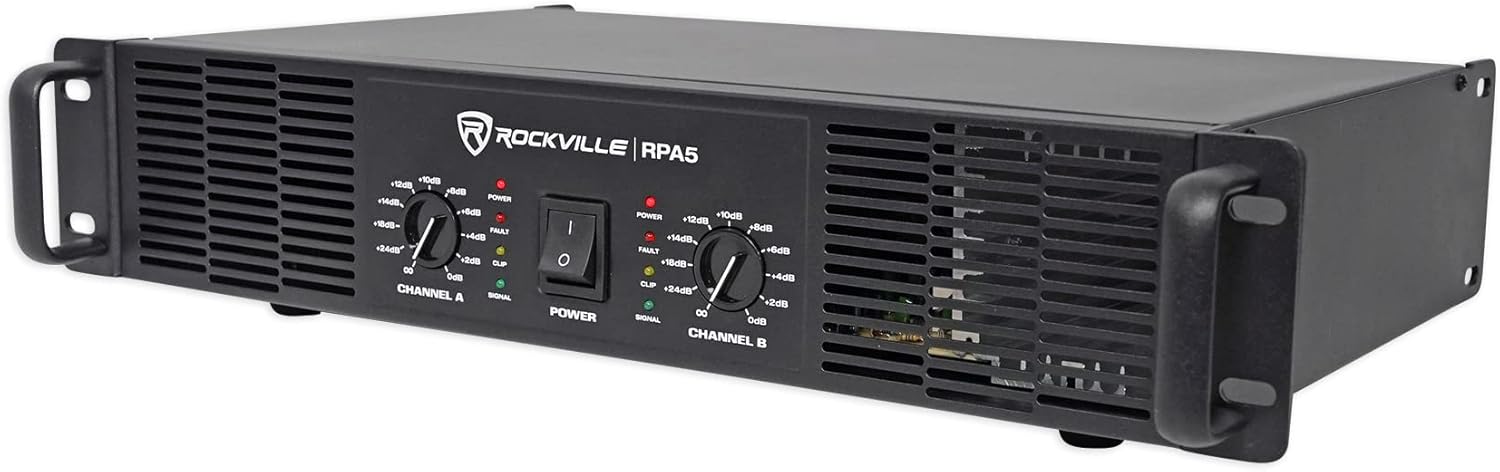 Rockville RPA5 2-Channel Power Amplifier, 200W RMS @ 4 Ohm, 1000W Peak, Stereo/Mono Switch, Built-in Crossover, for DJs, Live Sound, and Pro Audio