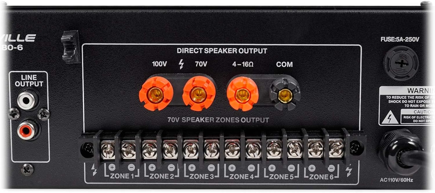 Rockville RCS180-6 180W 6-Zone 70v Commercial Amplifier, Bluetooth, USB/SD/RCA, Mic, Optical Inputs, FM, for Restaurants/Offices