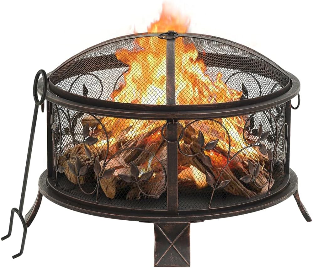 vidaXL ic Fire Pit with Poker, XXL Size, Outdoor Steel Fireplace with Mesh Lid & Ring, Brown and Black.