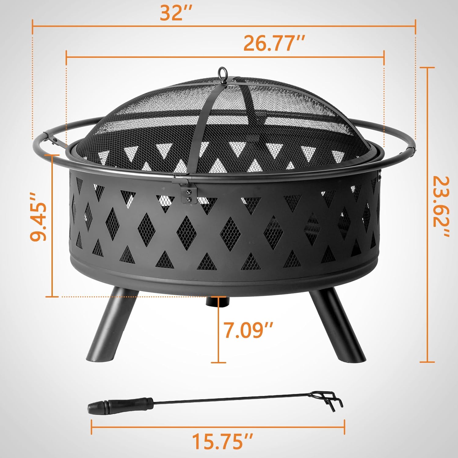 Outdoor Wood Burning Fire Pit 32 Inch, Round Metal Firepit for Outside, Bonfire Fire Pits with Mesh Lid, Poker and Waterproof Cover for Backyard Heating, Garden, Patio, Camping, Black