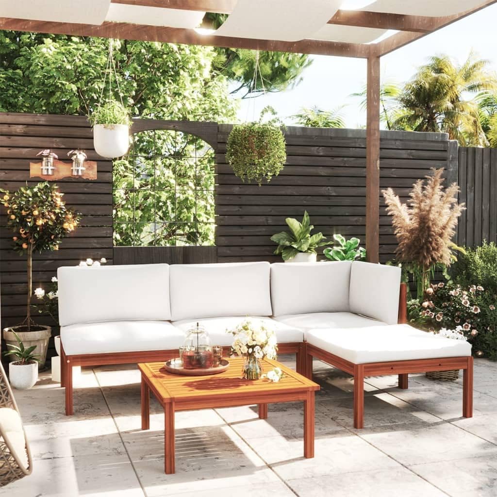 5 Piece Patio Lounge Set with Cushions Cream Solid Acacia Wood,Luxurious Patio Lounge Set: Acacia Wood with Plush Cushions for Outdoor and Indoor Comfort Furniture Sets for Patio, Lawn & Garden