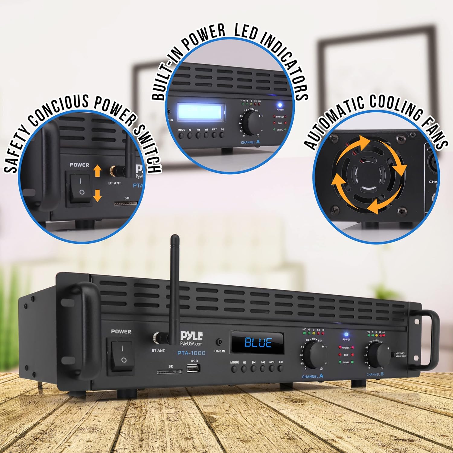 Pyle 2-Channel Bluetooth Power Amplifier- 2000W Bridgeable Rack Mount Pro Audio Sound Wireless Home Stereo Receiver w/TRS XLR Input,LCD,Bridge Mode,Cooling Fan,Entertainment Speaker System- PTA1000BT