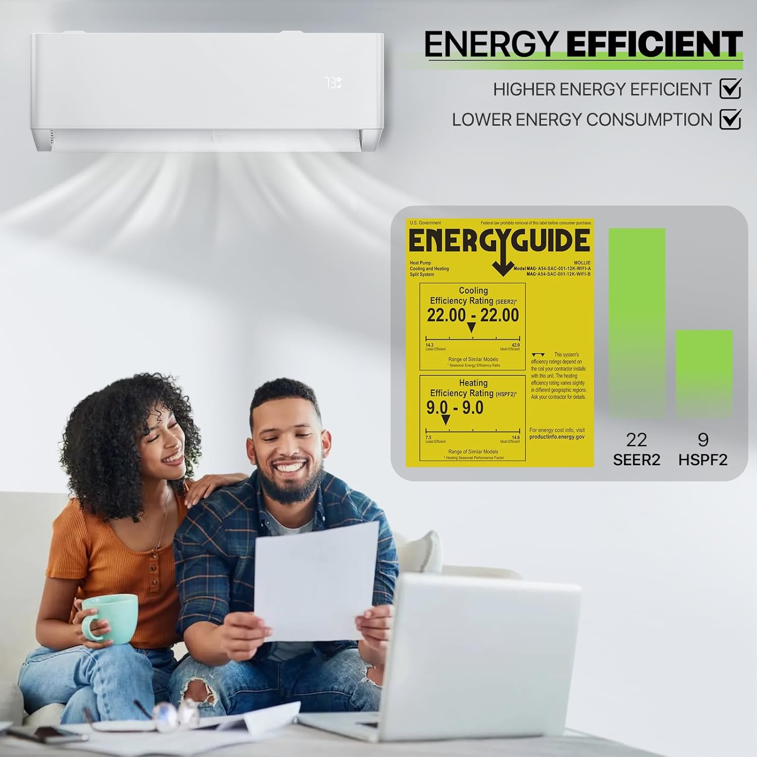 Magshion 12000 BTU Mini Split AC with Heat Pump, 1 Ton Pre-Charged 22 SEER2 Inverter Air Conditioner, 115V, WiFi Enabled & Voice Control, Cools Rooms Up to 550 Sq. Ft