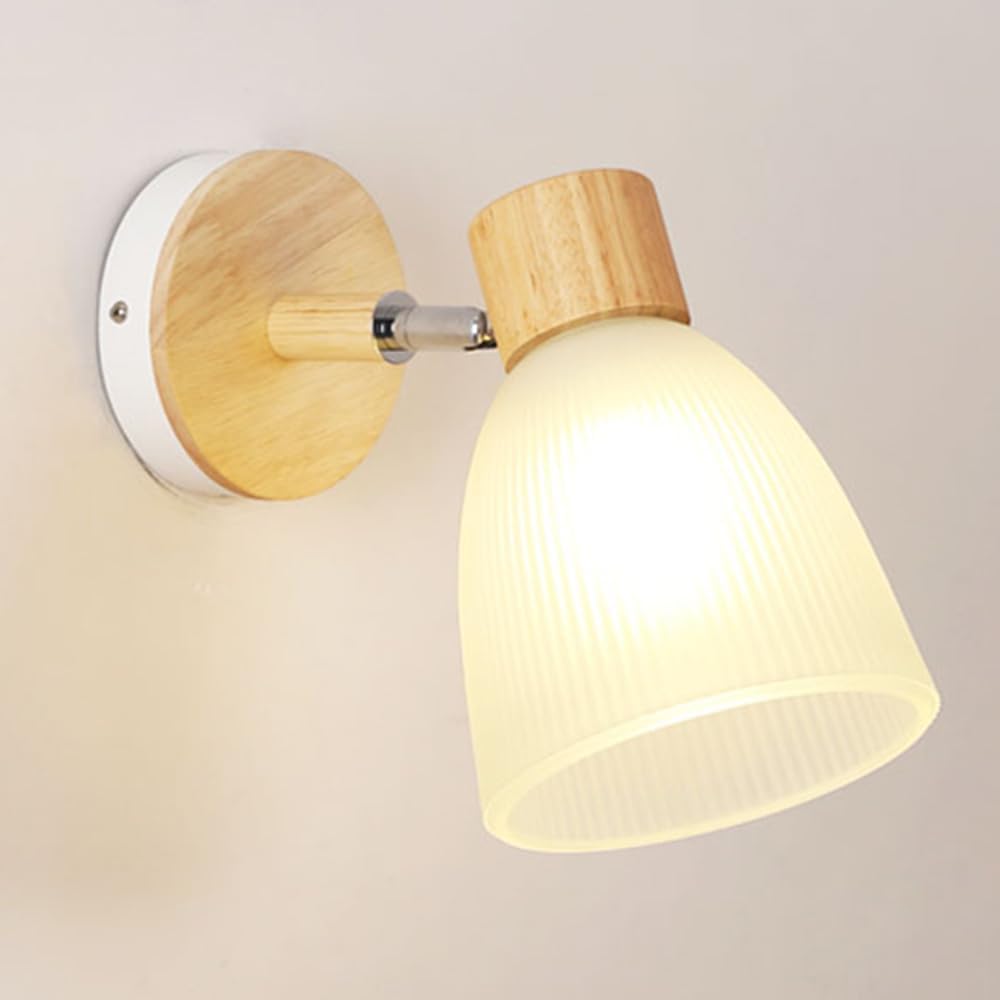 Rotatable Wall Sconce Glass Wall Lamp for Bedside, 90° Adjustable Wood Wall Lighting Fixture Study Room Wall Mounted Reading Light Hallway Living Room Bedroom Wall Lights