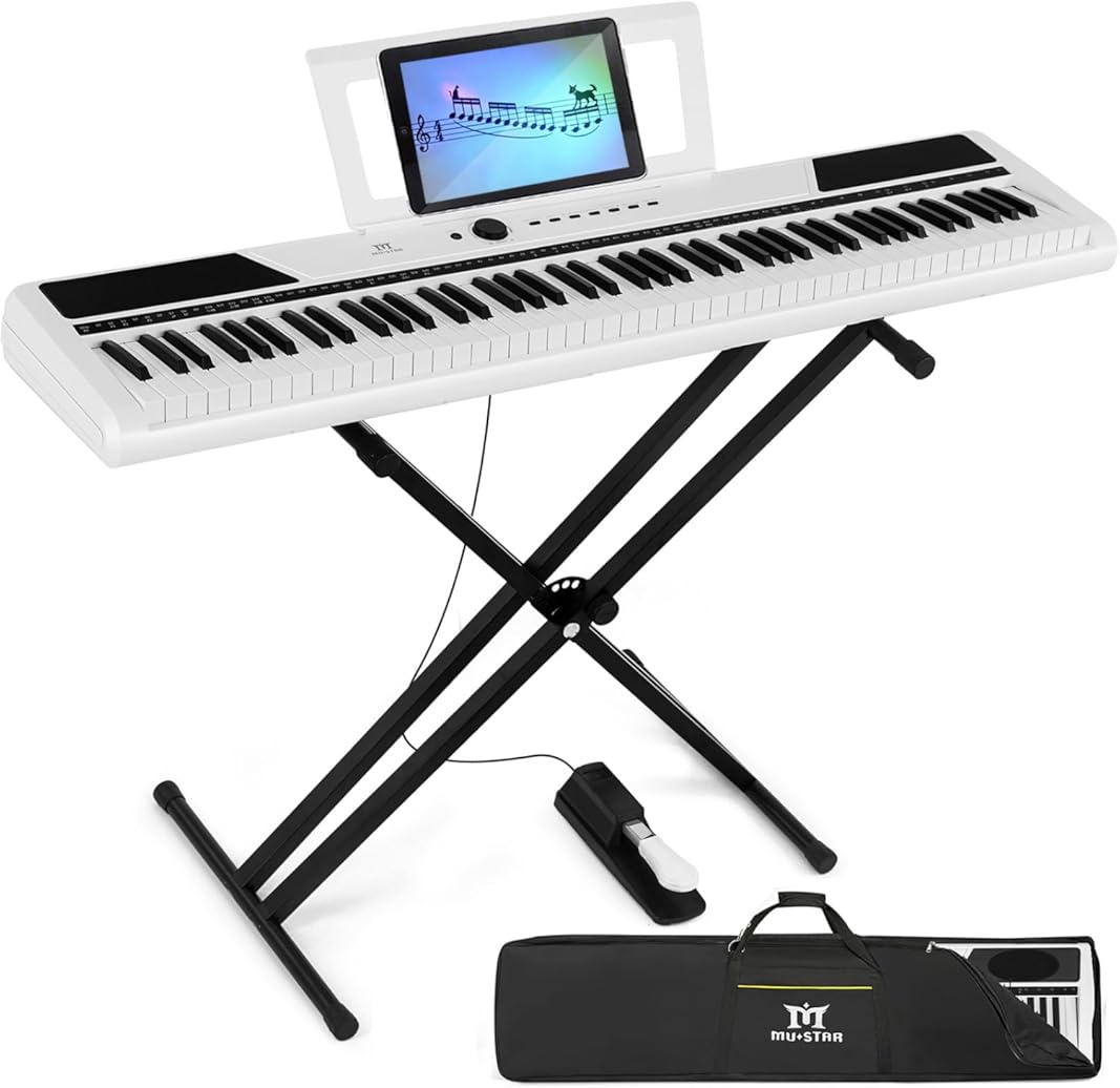 MUSTAR Digital Piano 88 Key Weighted with Stand, 88 Key Semi Weighted Keyboard Piano MEP-1400, Electric Piano Keyboard 88 Keys for Beginners, 2x25W Stereo Speakers, Case, Sustain Pedal, ABS, White