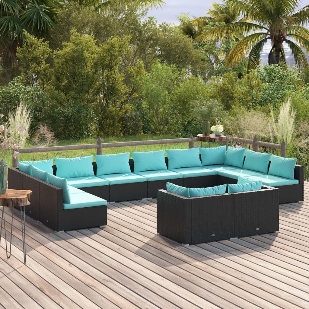 12 Piece Patio Lounge Set with Cushions Black Poly Rattan,Modular Patio Lounge Set with Removable Cushions for Comfort and Style Outdoor Furniture Sets, Patio Furniture