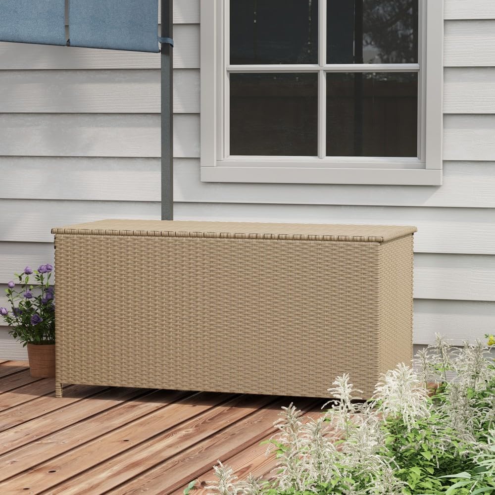 83 Gallon Deck Box Storage, Large Outdoor Weatherproof Storage Box with Lid,Wicker Outdoor Cushion Storage Box for Porch,Patio,Garden,Poolside,Tools,Toys (Brown, 47.80 Inch)