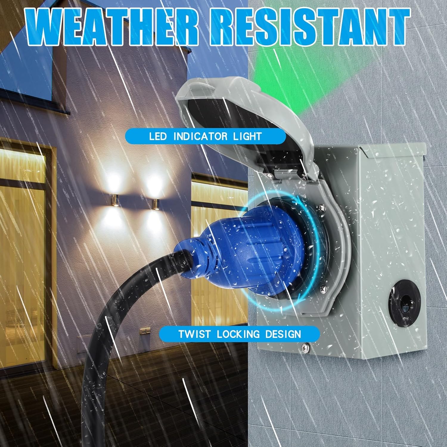 Xuhal 25 FT 30 Amp Generator RV Extension Cord and Pre-Drilled Power Inlet Box 3 Prong Compatible with NEMA TT-30P/L5-30R 125V/250V Cord with Generator Interlock Kit to House STW 10 Awg, Etl Listed