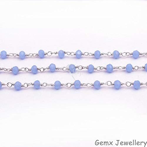 JEWELZ blue chalcedony gemstone faceted beads, 3-4 mm rondelle beads, silver plated chain, wire wrapped beaded chain. (hrcs-32)