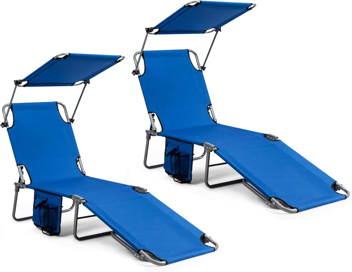 Giantex Tanning Chair, Patio Chaise Lounge Chair with 5 Adjustable Position, Shade Canopy, Storage Pocket, Camping Cot, Outdoor Sunbathing Recliner for Poolside, Lawn Folding Beach Chairs(2, Navy)