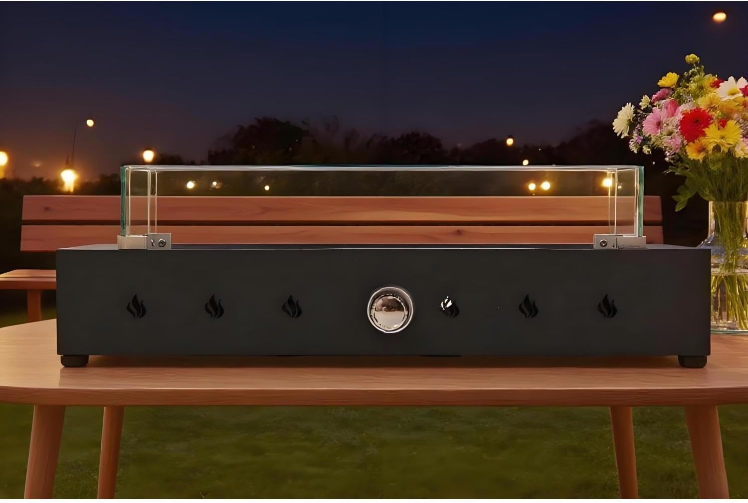 28-Inch Rectangle Fire Pit - Wind-Resistant Outdoor Propane Fire Pit with 40000BTU Output, Black Steel Frame