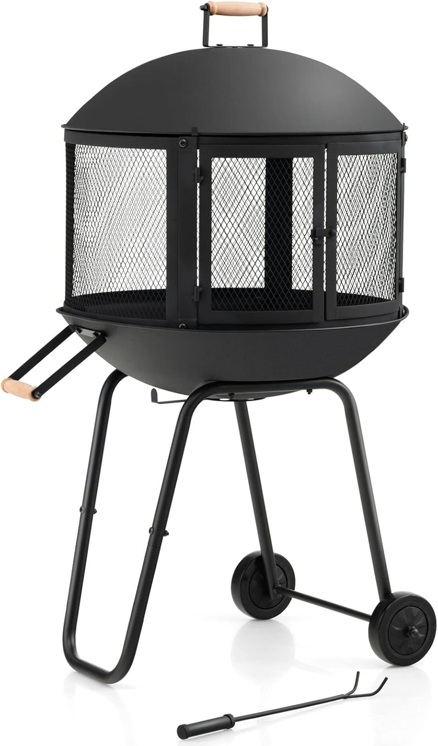 Tangkula Portable Fire Pit with Wheels, 28 Inch Wood Burning Fire Pit with Log Grate, Poker, Rolling Patio Fireplace Wooden Bonfire Firepit for Outdoor Entertaining Black