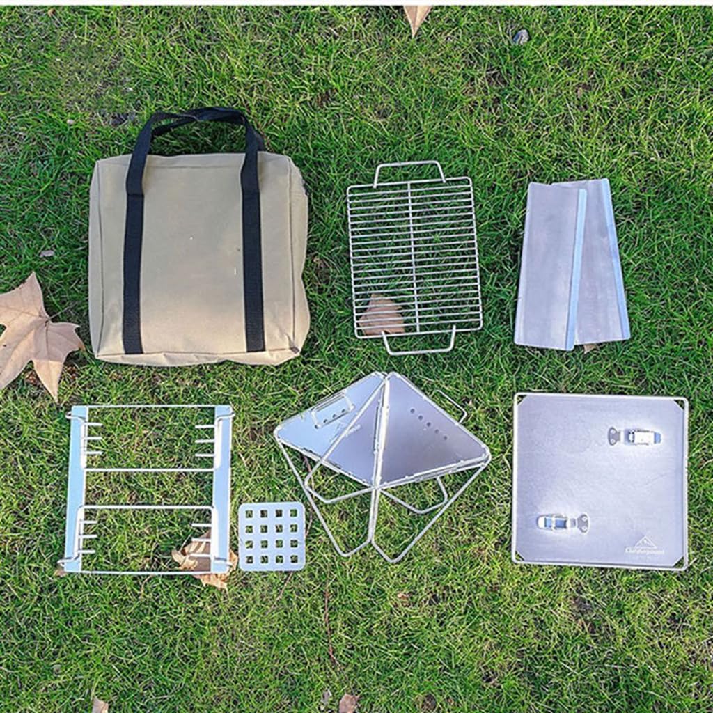 ASSICON Barbecue Fire Pit with Storage Bag, Height Adjustable Barbecue Shelf, Charcoal Grill for Outdoor Cooking Camping Beach Picnic Backyard