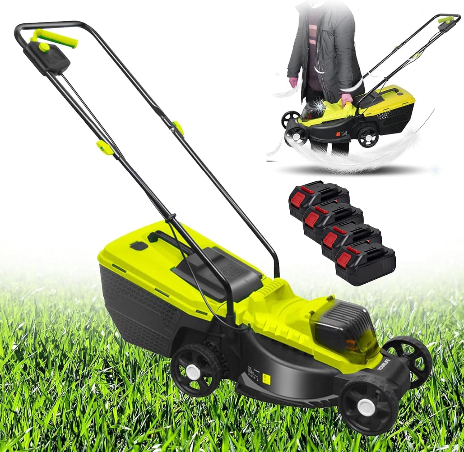 Cordless Lawn Mower, Push Lawn Mower, 40V Brushless Motor, Electric Walk Behind Grass Cutter with Safety Key, 10.6 Gal Grass Catcher, 45Min Runtime, 3-Position Height Adjustment,4 Batteries