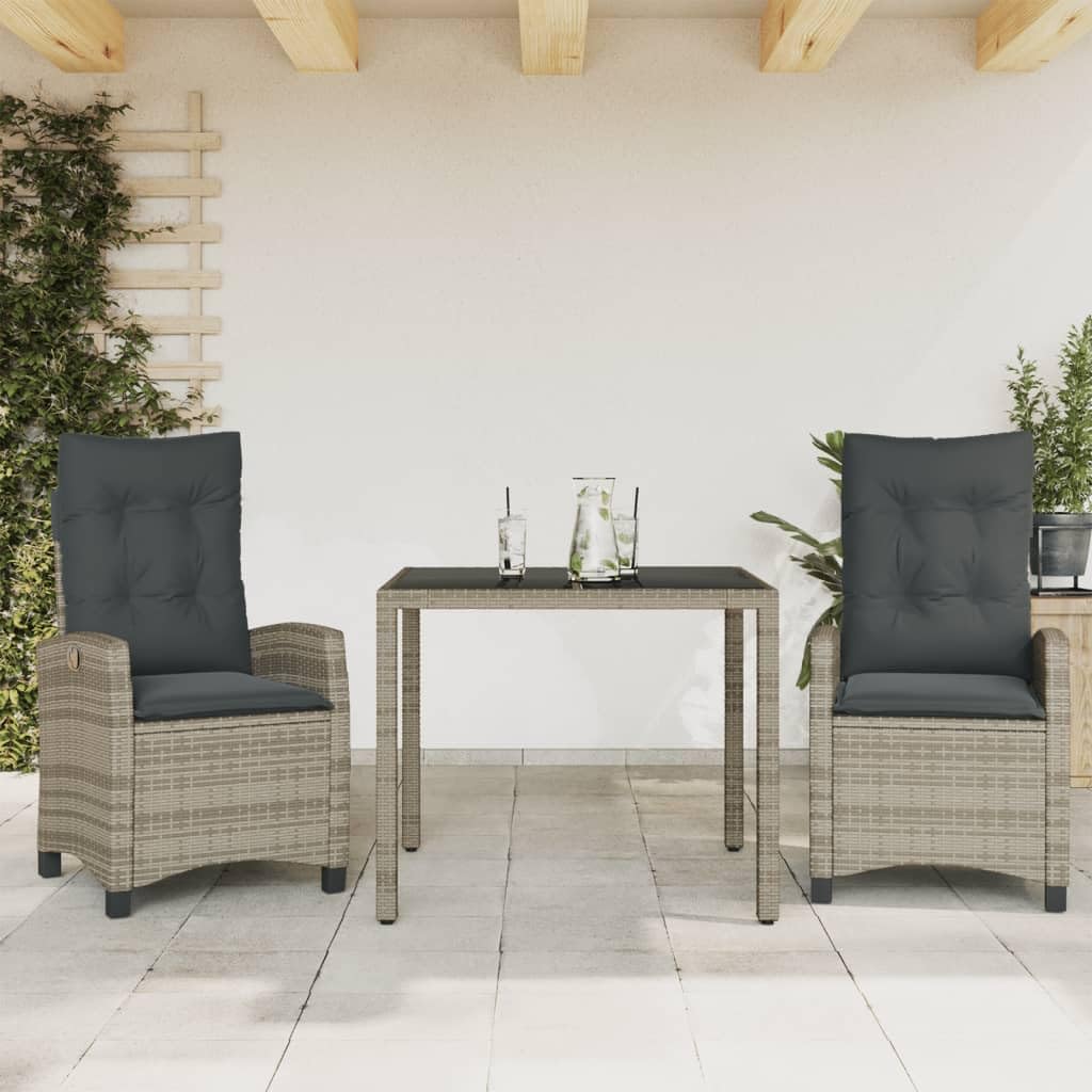 3 Piece Patio Dining Set with Cushions Gray Poly Rattan Garden Furniture