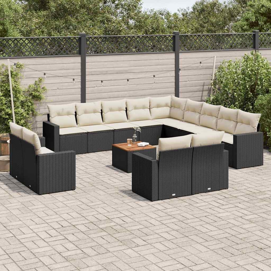 14-Piece Modular Garden Sofa Set, Black Poly Rattan, Cream White Cushions, Outdoor Patio Furniture for 12 People, Weather-Resistant, 115.2 x 115.2 x 27.2 Inches