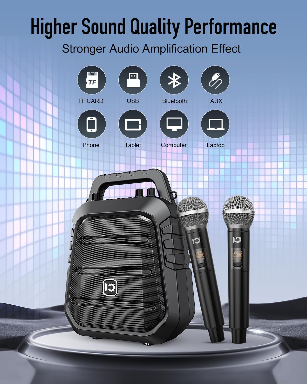 SHIDU 80W Powerful Voice Amplifier with 2 Wireless Microphones, Portable Speaker with Microphone, PA System with Sound Effects, Karaoke Machine Support BT/USB/TF Card/Aux/Guitar