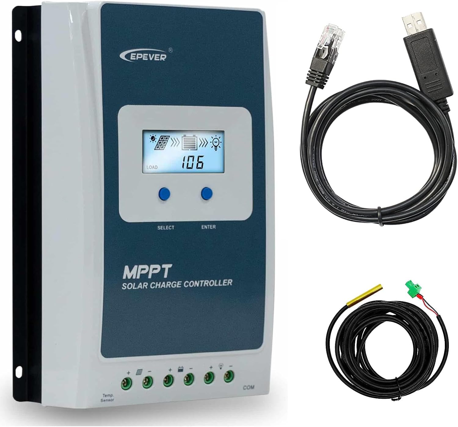 EPEVER 30A MPPT Solar Charger Controller with Tempreture Sensor 12V 24V Auto Indentify Apply for Lead Acid Lithium LiFePO4 (Tracer3210AN+USB+Tempreture Sensor)