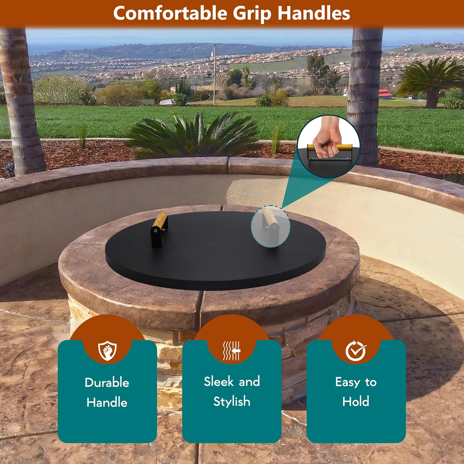 22” firepit lid Round for Inside up to 20” Gas fire Pit lid for Outdoor Fireplace Cover Lid Steel fire Pit Metal Cover W/ 2 Wooden Handles & Heat Resistant Snuffer Lid for Round Patio Fire Pit Ring