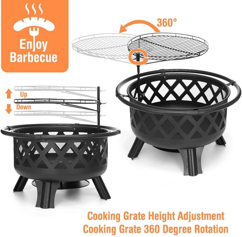 Grills 30 inch BBQ Grill Fire Pits Outdoor Wood Burning Fire Pit Stove Garden Patio Wood Log Barbecue Grill Net Set Cooking Tools
