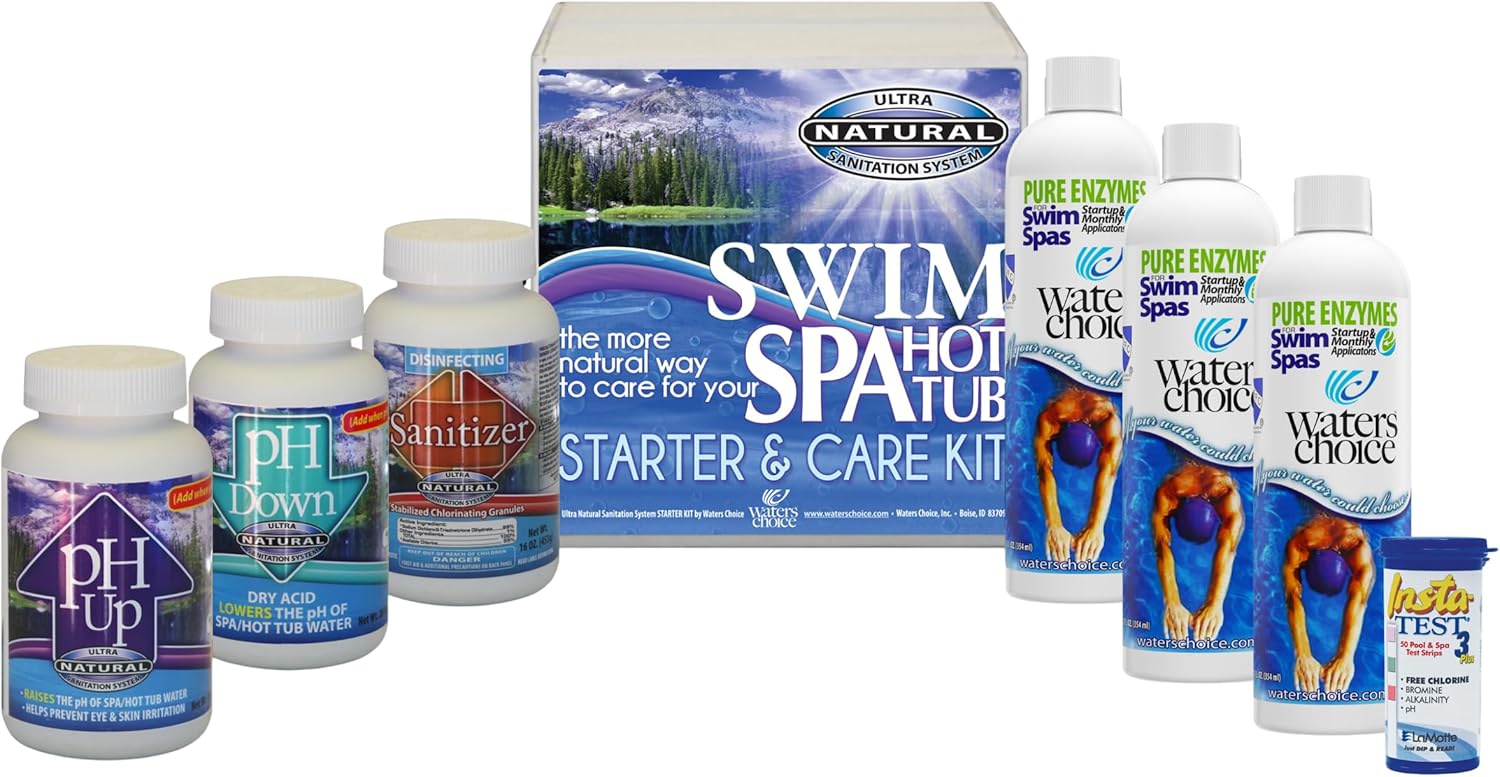 Waters Choice Swim Spa Start-Up and Maintenance Kit 3 Month Supply - Contains 3 Bottle Pure Enzymes for Swim Spas, pH Up, pH Down, Sanitizer and Test Strips - Natural Hot Tub Maintenance