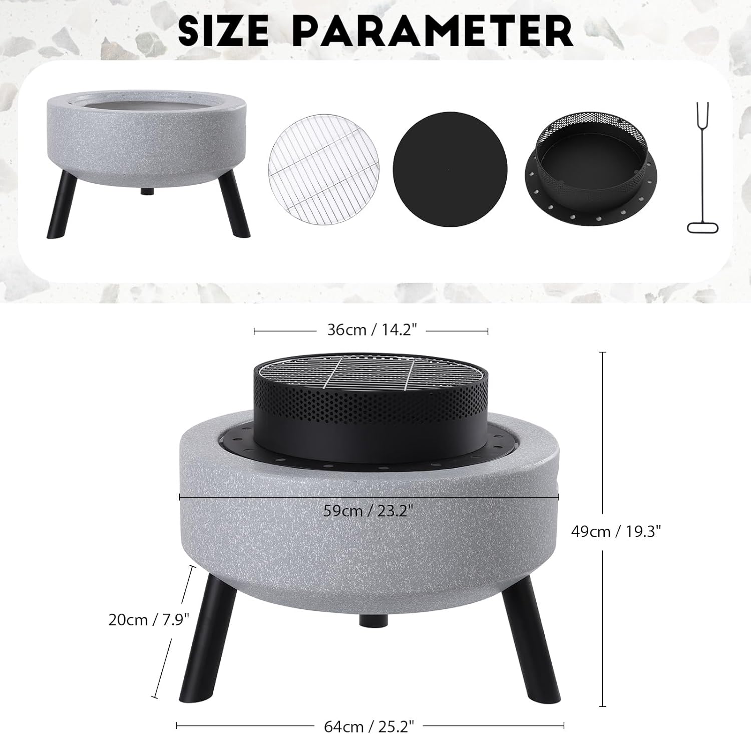 Outdoor Round Fire Pit 25” Faux Concrete Burning Firepit Portable Tripod Charcoal Grill for Patio Garden Backyard Barbecue, with Spark Screen, Firebowl, Poker, Stainless Steel Rack
