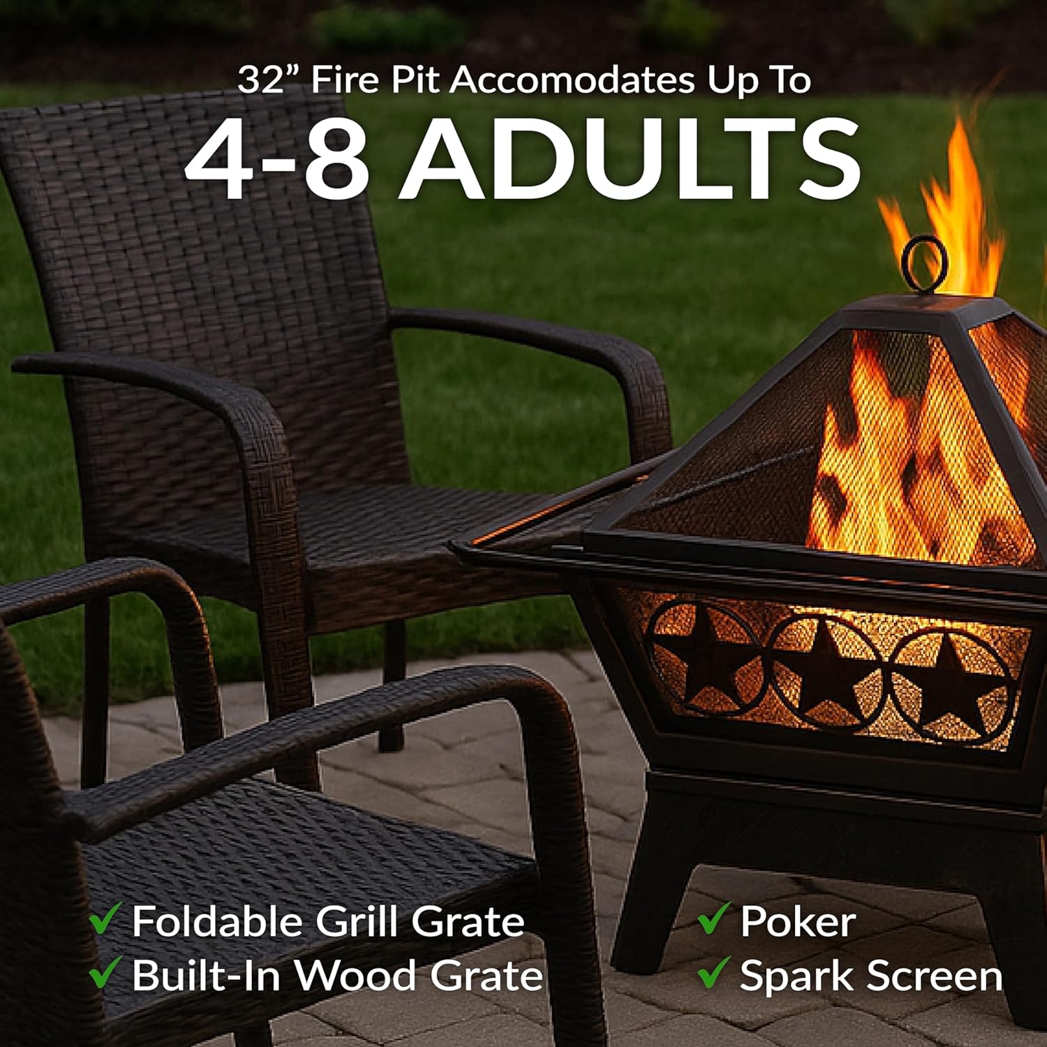 Sunnydaze Northern Galaxy 32-Inch Outdoor Fire Pit with Grill Grate, Spark Screen, and Poker - Heavy-Duty Wood-Burning Fire Pit for Outside