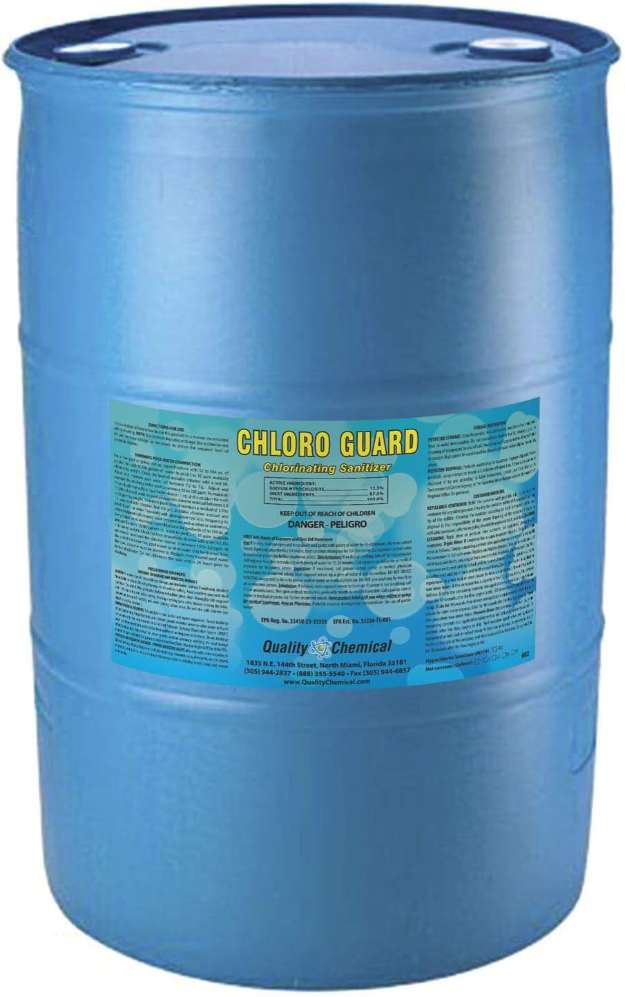 Chloro-Guard Chlorine. Pool Grade Liquid Chlorine. 12% Concentrated Solution. Sanitizes Pool Water to Eliminate Harmful Bacteria.-55 Gallon Drum