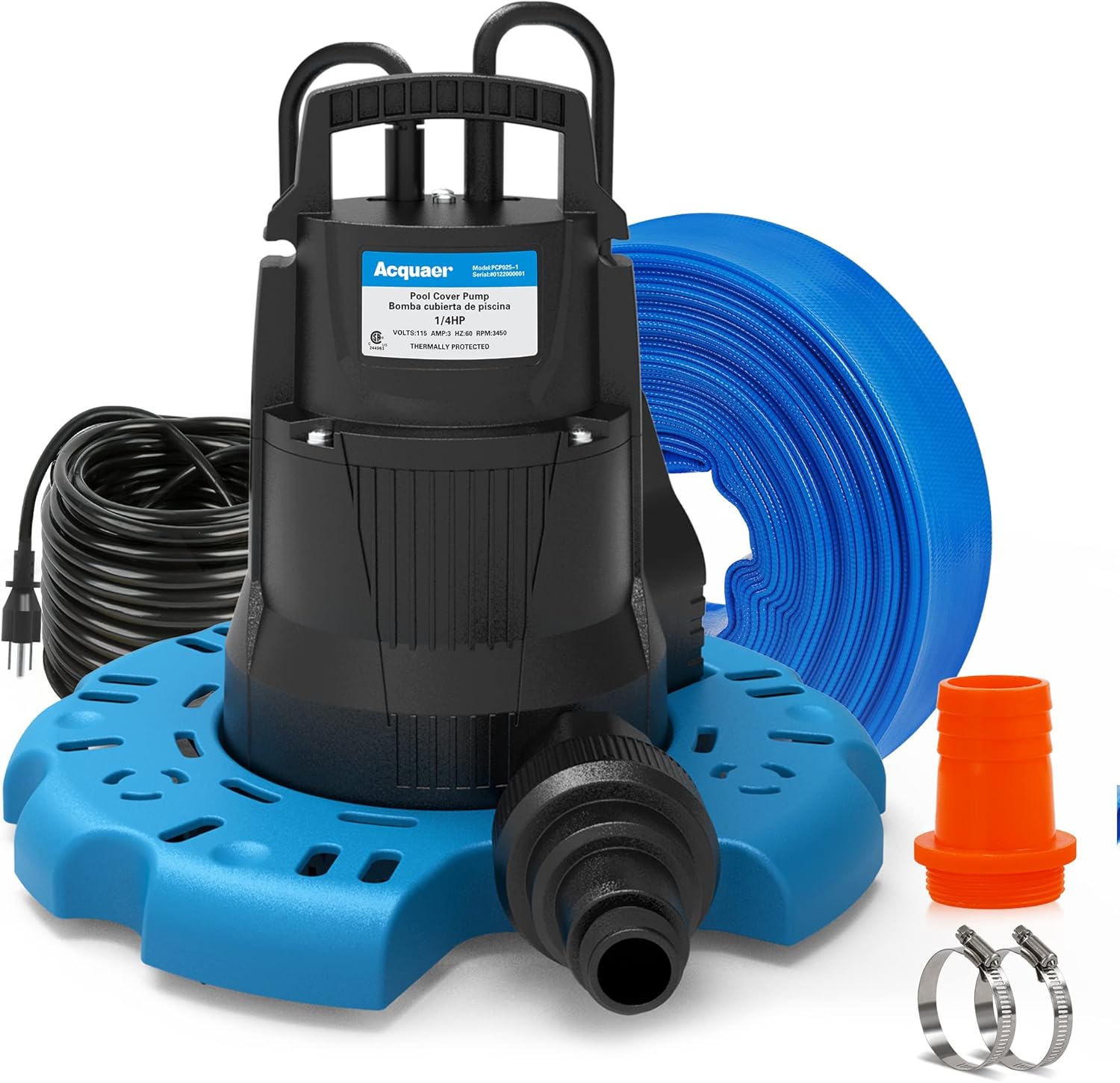 Acquaer 2250 GPH Automatic Swimming Pool Cover Pump with 3/4” Check Valve Adapter & 1-1/2