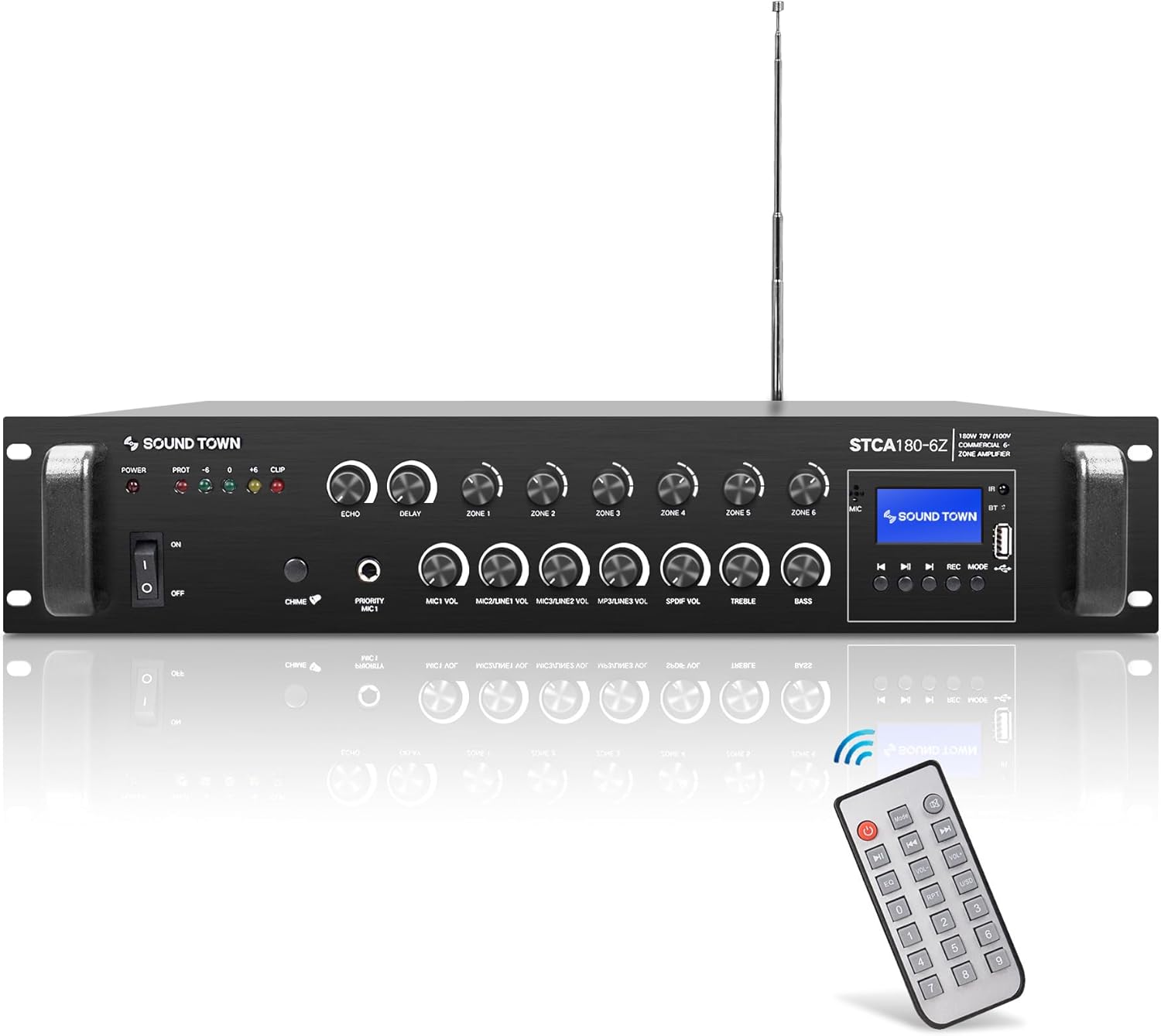 Sound Town 180W 6-Zone 70V/100V Commercial Power Amplifier with Bluetooth, Optical, Phantom Power, for Restaurants, Lounges, Bars, Pubs, Schools (STCA180-6Z)