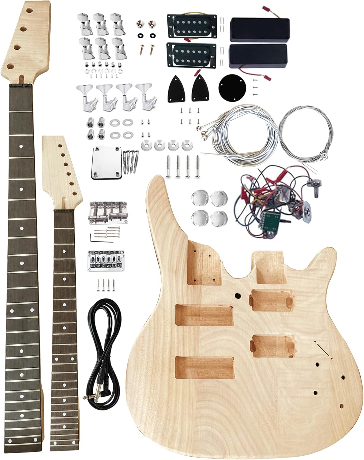 DIY Electric Guitarr and Bass Double Neck Kit 6 String and 4 String Guitarr Kits Right Handed with Mahogany Body and Neck Rosewood Fingerboard Chrome Hardware Build Your Own Guitarr and Bass.