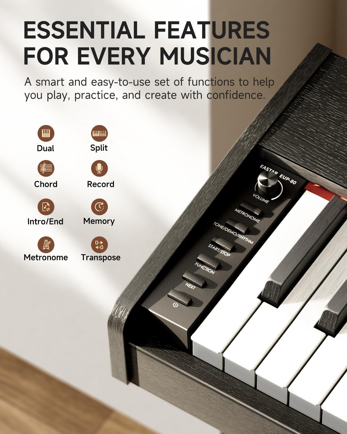 Eastar EUP-80 Digital Piano 88 Key Velocity-Sensitive Keyboard, Full-Size Electric Piano Keyboard for Beginner, Upright Keyboard Piano Bundle Music Stand, Pedal, Headphones and Stickers