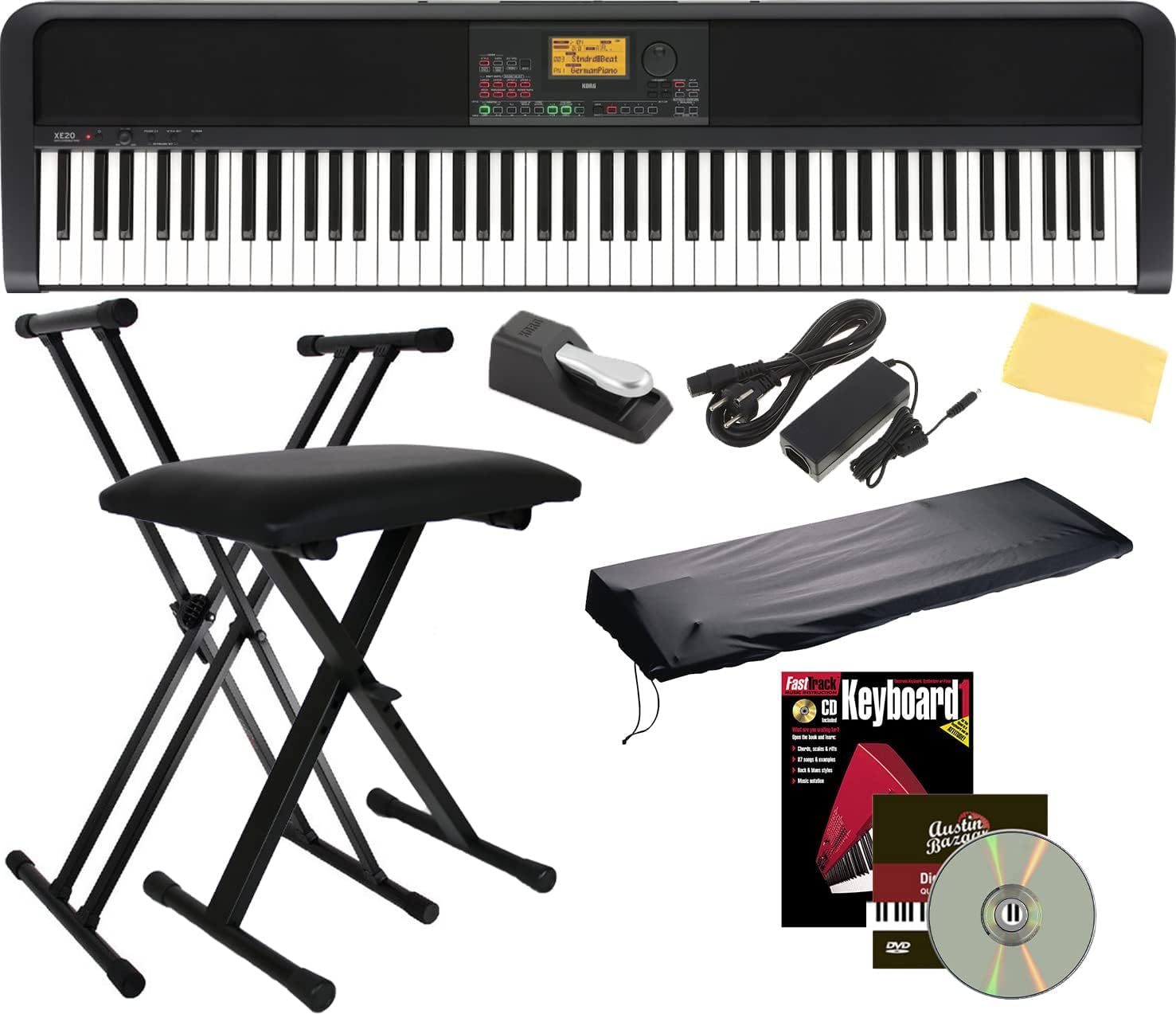 Korg XE20 Digital Ensemble Piano Bundle with Adjustable Stand, Bench, Power Supply, Damper Pedal, Keyboard Cover, Instructional Book, Austin Bazaar Instructional DVD, and Polishing Cloth