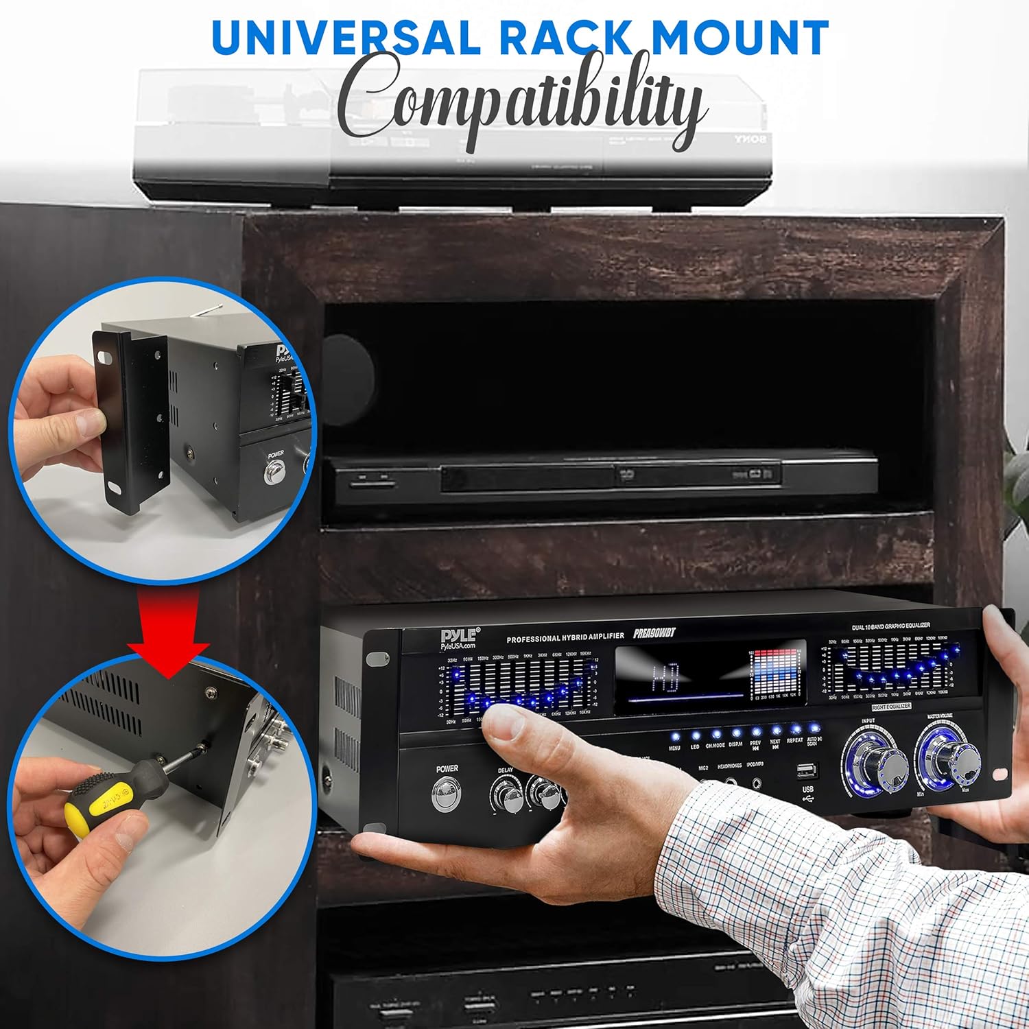 Pyle 6-Channel Bluetooth Hybrid Home Amplifier - 1600W Home Audio Rack Mount Stereo Power Amplifier Receiver w/ Radio, USB/AUX/RCA/MIC, HD/OPT/COAX, AC-3, DVD Inputs, Dual 10 Band EQ - PREA90WBT