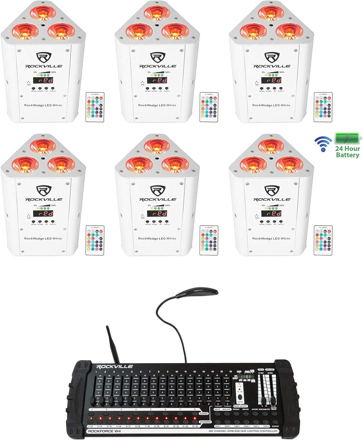 Rockville RockWedge LED White Bundle: (6) RGBWA+UV Rechargeable Wireless DMX Wash DJ Up-Lights, 25W Power Consumption, ROCKFORCE W4 384 Channel Wireless DMX Lighting Controller with MIDI, 7-Items