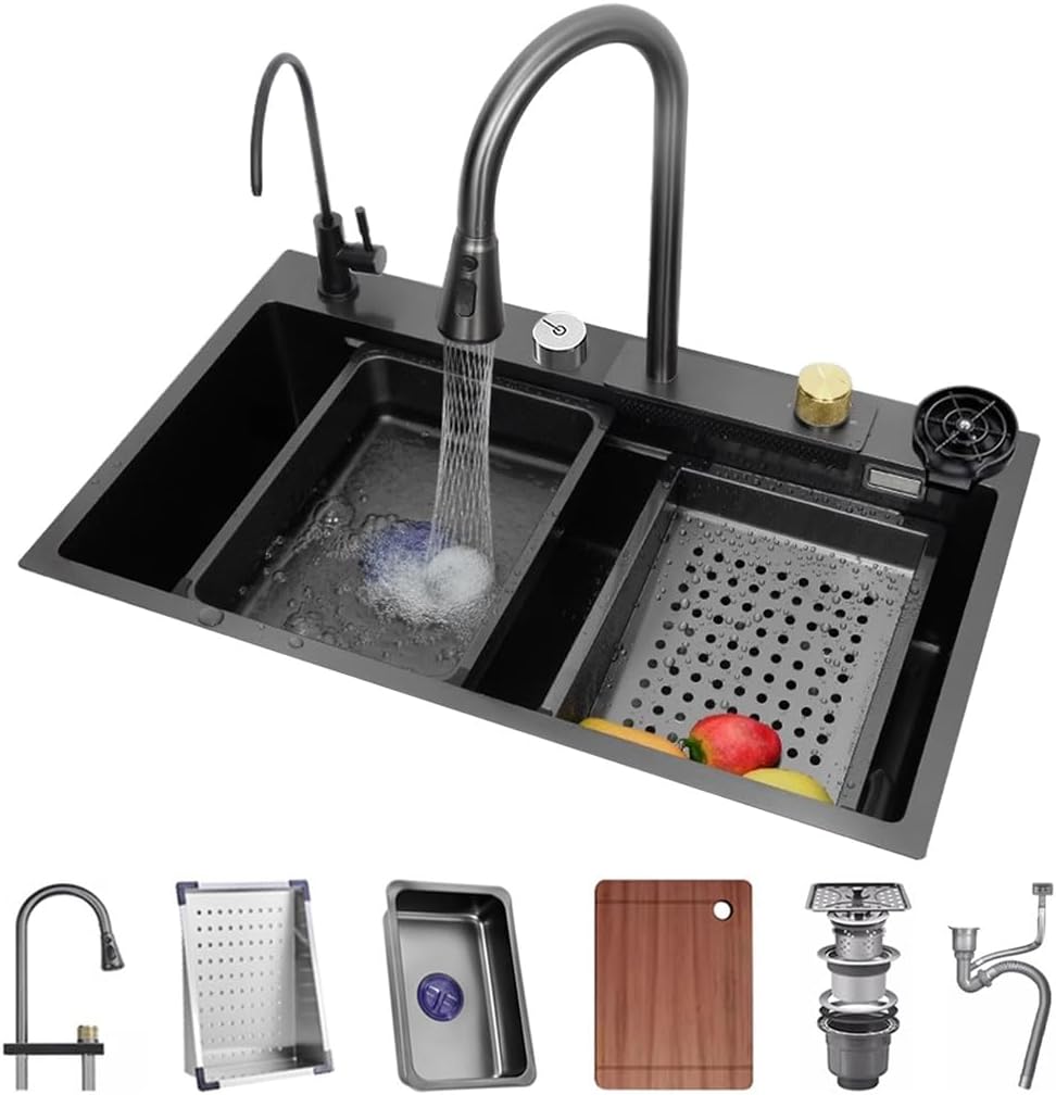 Waterfall Kitchen Sink Single Bowl Stainless Steel Bar Sink with Pull-Out Faucet, Booster Cup Washer Chopping Board and Other Accessories (Color : Black, Size : 80x45x22cm)