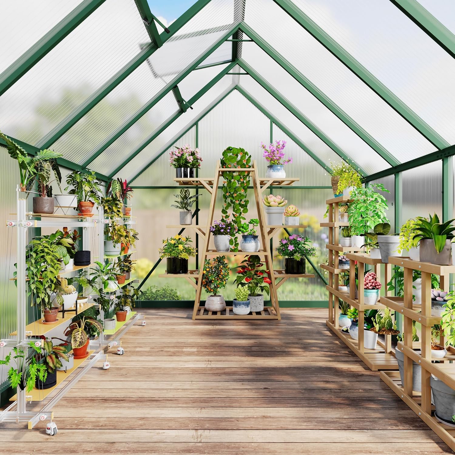 CABIHOME 6x9 FT Greenhouse for Outside, Large Walk-in Polycarbonate Greenhouse with Roof Vent and Ground Nails / Lockable Push Door / Aluminum Frame for Backyard, Garden, Patio, Green