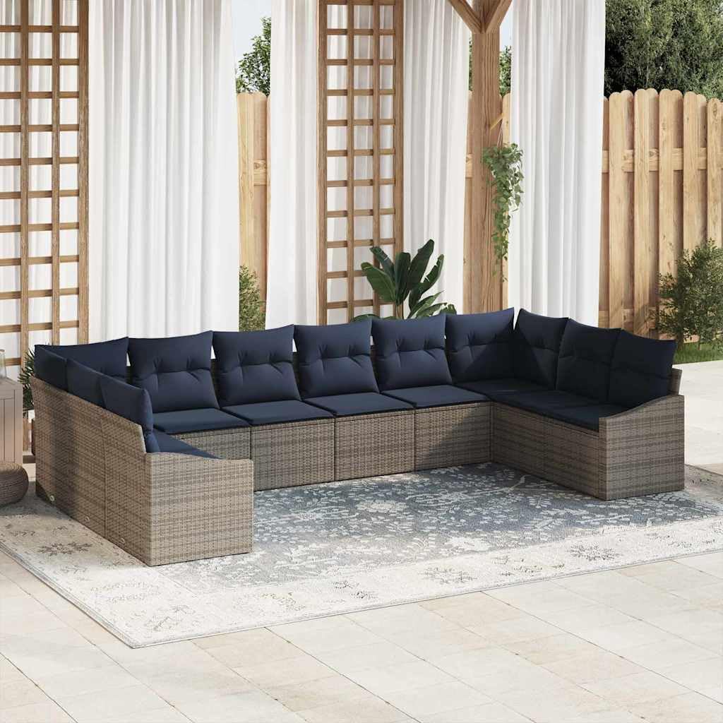 10-Piece Grey Poly Rattan Outdoor Sofa Set with Cushions, Modular Patio Furniture, Height-Adjustable Table, Integrated Storage, Weather-Resistant, for Garden & Balcony