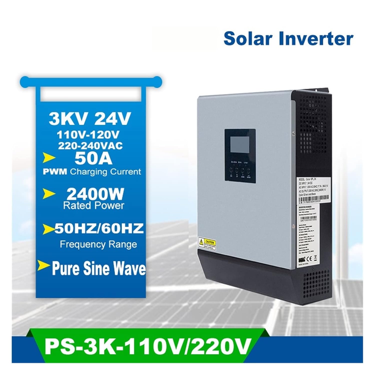 Solar Controller, 3KVA Pure Sine Wave Hybrid Solar Inverter 24V Built-in PWM 50A Solar Charge Controller and AC Charger for Home Use