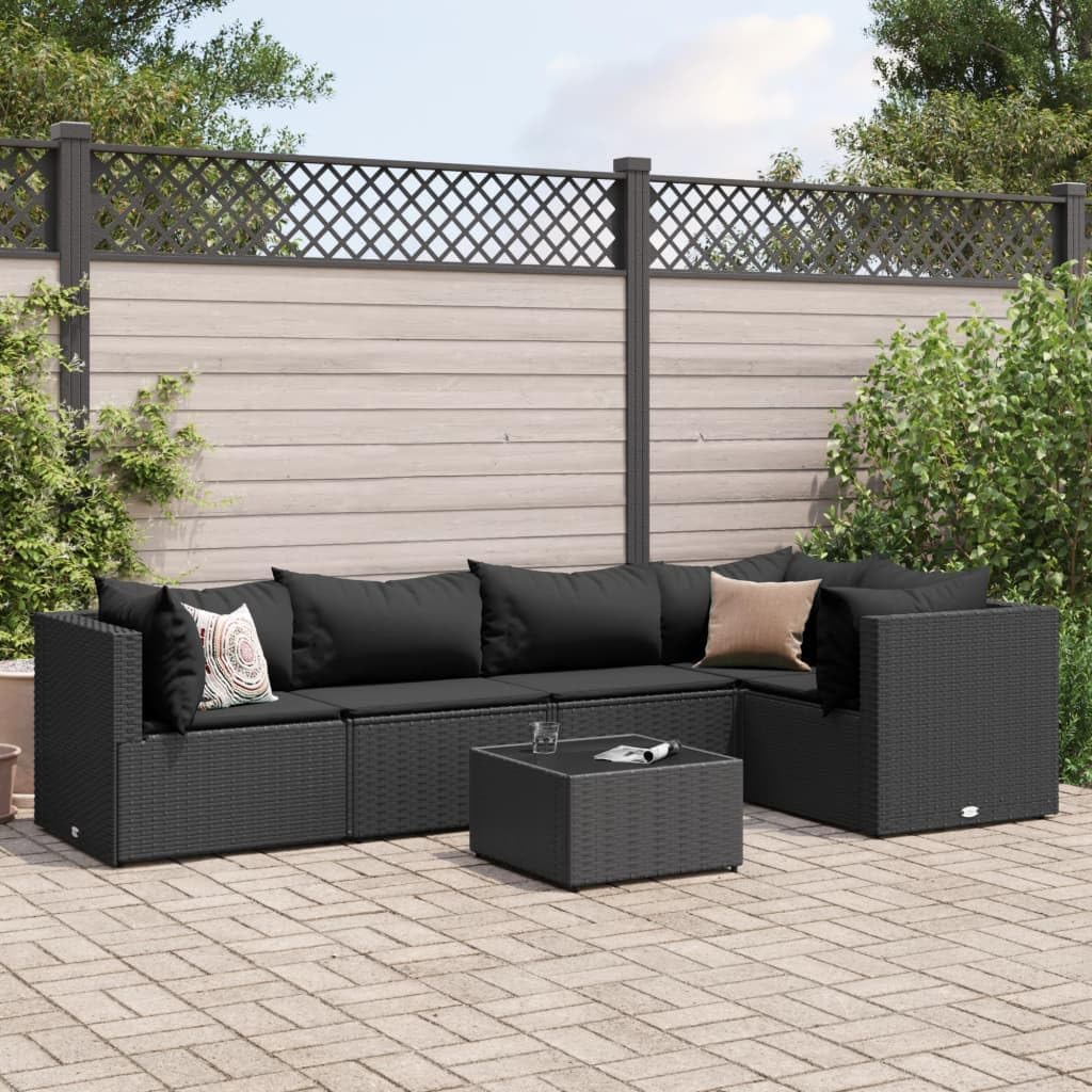 6 Piece Patio Lounge Set with Cushions Black Poly Rattan,Elegant and Durable PE Rattan Outdoor Furniture Set for Your Patio and Terrace Furniture Sets for Patio, Lawn & Garden