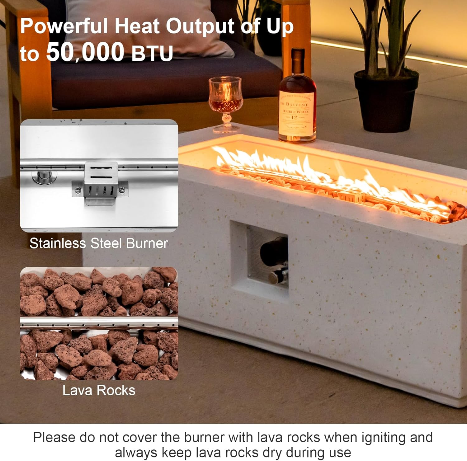 S AFSTAR Propane Fire Pit Table, 42 Inch 50,000 BTU Gas Fire Pit Table W/Stainless Steel Burner, & Volcanic Rocks, PVC Protective Cover, Outdoor Rectangular Terrazzo Fire Tables for Patio Pool Balcony