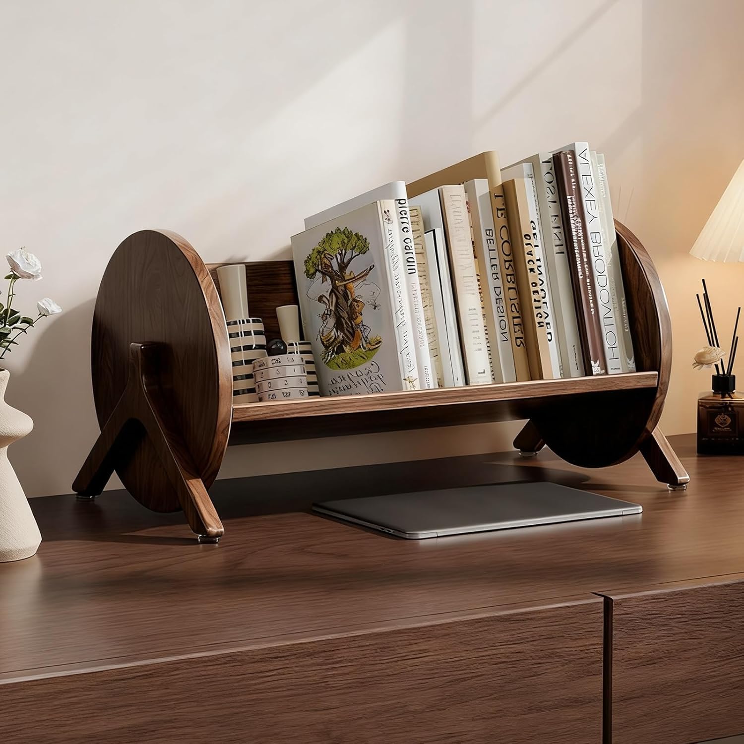 No Assembly Bookshelf Space-Saving Wooden Book Shelf, Wood Office Tabletop Book Storage Rack, for Books/CDs/Magazine Display